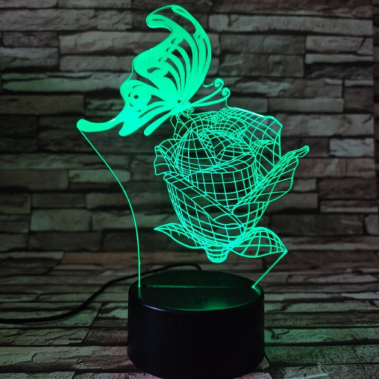 Pillangó a rózsán 7 színű 3D led lámpa