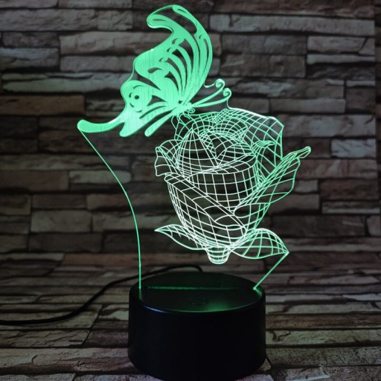 Pillangó a rózsán 7 színű 3D led lámpa
