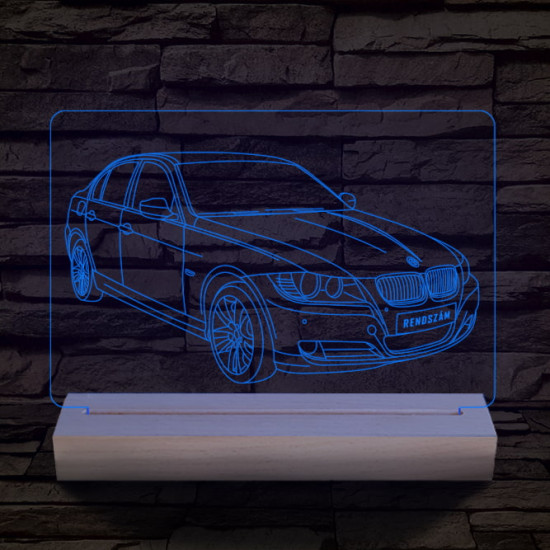BMW 3 E90 egyedi rendszámmal személyre szabott 20 cm fa talppal 7 színű 3D led lámpa