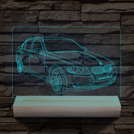 BMW 3 E90 egyedi rendszámmal személyre szabott 20 cm fa talppal 7 színű 3D led lámpa
