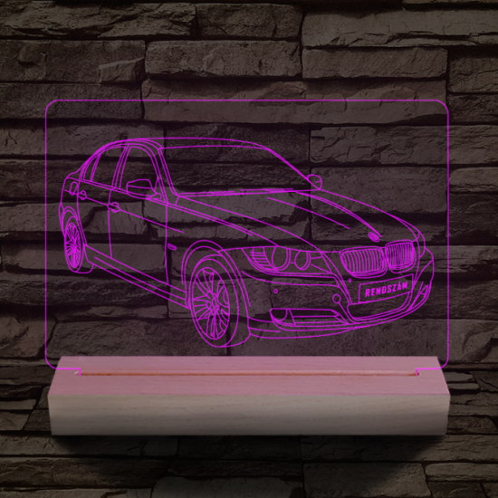 BMW 3 E90 egyedi rendszámmal személyre szabott 20 cm fa talppal 7 színű 3D led lámpa