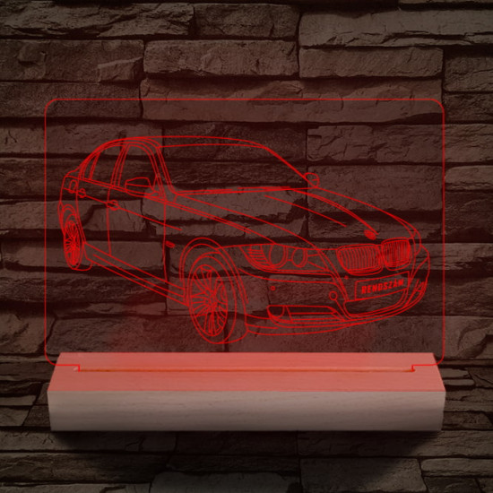 BMW 3 E90 egyedi rendszámmal személyre szabott 20 cm fa talppal 7 színű 3D led lámpa