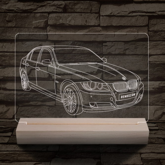 BMW 3 E90 egyedi rendszámmal személyre szabott 20 cm fa talppal 7 színű 3D led lámpa