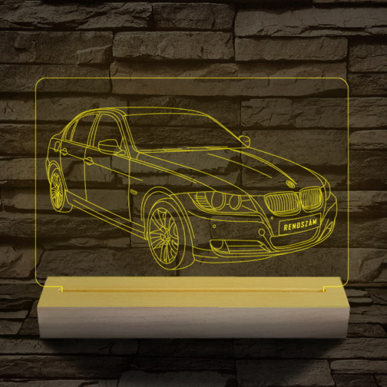 BMW 3 E90 egyedi rendszámmal személyre szabott 20 cm fa talppal 7 színű 3D led lámpa