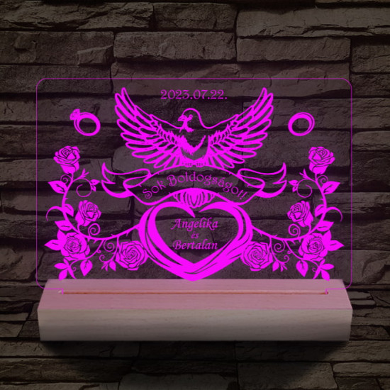 Esküvő, házassági évforduló személyre szabott 20 cm fa talppal 7 színű 3D led lámpa