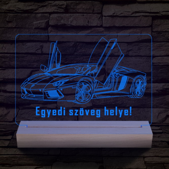 Lamborghini Aventador egyedi rendszámmal személyre szabott 20 cm fa talppal 7 színű 3D led lámpa