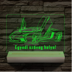 Lamborghini Aventador egyedi rendszámmal személyre szabott 20 cm fa talppal 7 színű 3D led lámpa