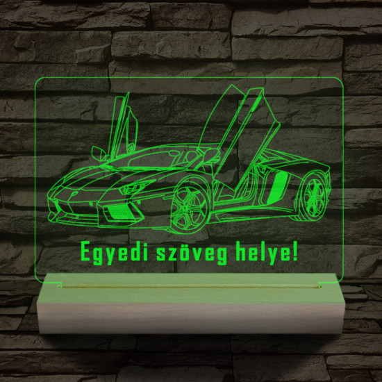 Lamborghini Aventador egyedi rendszámmal személyre szabott 20 cm fa talppal 7 színű 3D led lámpa