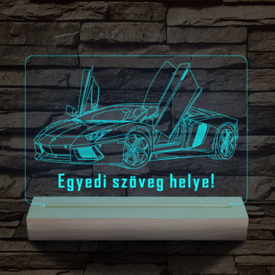 Lamborghini Aventador egyedi rendszámmal személyre szabott 20 cm fa talppal 7 színű 3D led lámpa