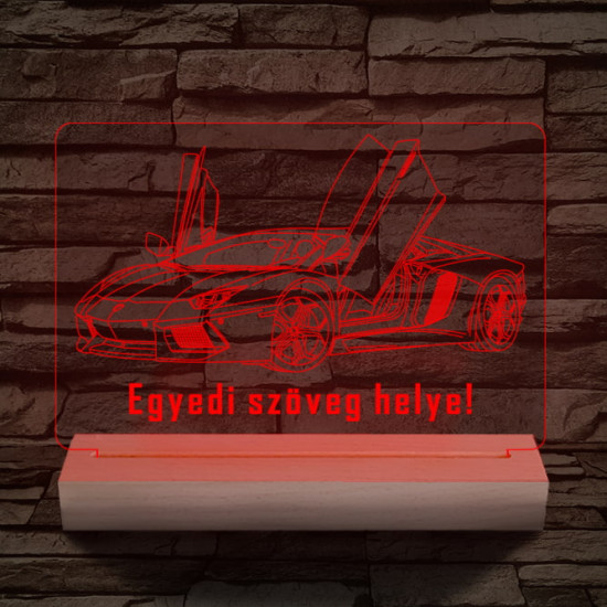 Lamborghini Aventador egyedi rendszámmal személyre szabott 20 cm fa talppal 7 színű 3D led lámpa