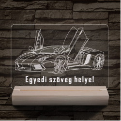 Lamborghini Aventador egyedi rendszámmal személyre szabott 20 cm fa talppal 7 színű 3D led lámpa