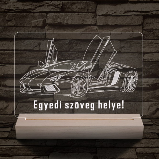 Lamborghini Aventador egyedi rendszámmal személyre szabott 20 cm fa talppal 7 színű 3D led lámpa