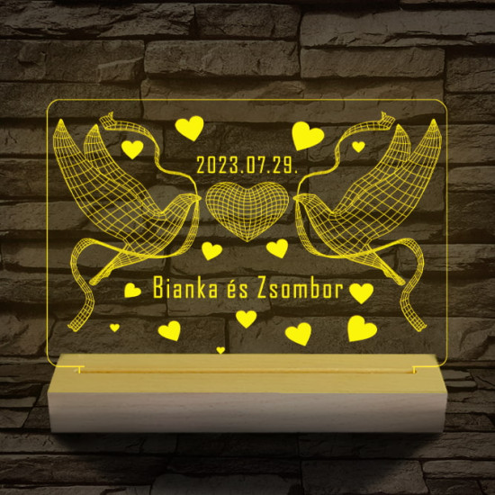 Esküvő galambokkal, házassági évforduló személyre szabott 20 cm fa talppal 7 színű 3D led lámpa