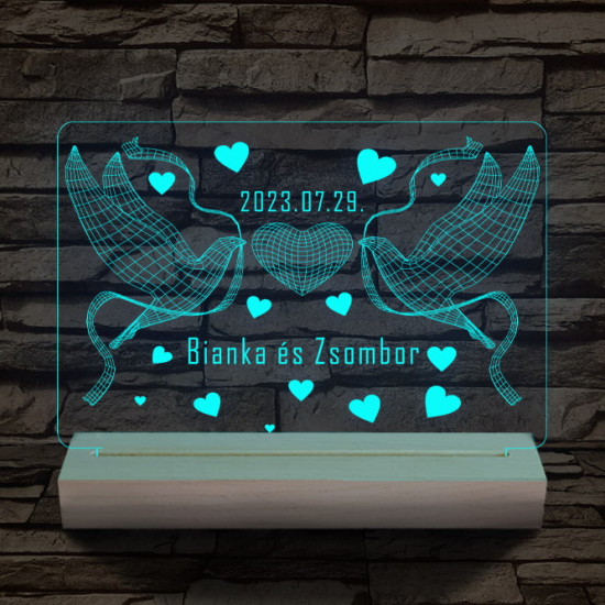 Esküvő galambokkal, házassági évforduló személyre szabott 20 cm fa talppal 7 színű 3D led lámpa
