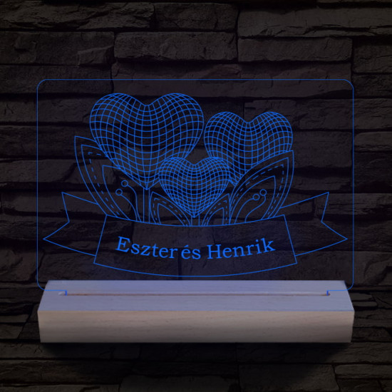 Szív szerelem személyre szabott 20 cm fa talppal 7 színű 3D led lámpa