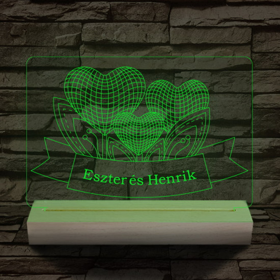 Szív szerelem személyre szabott 20 cm fa talppal 7 színű 3D led lámpa