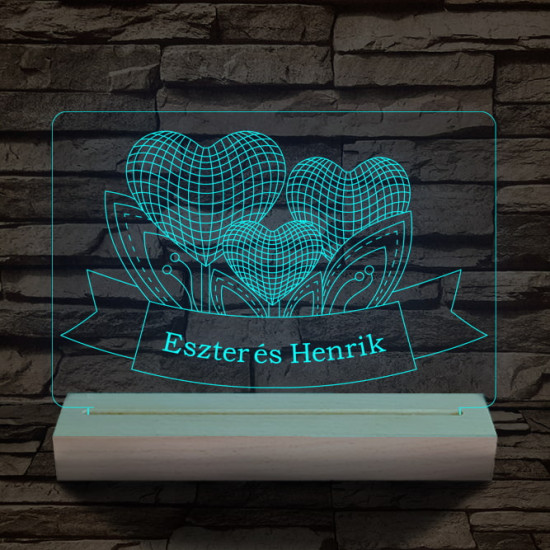 Szív szerelem személyre szabott 20 cm fa talppal 7 színű 3D led lámpa