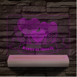 Szív szerelem személyre szabott 20 cm fa talppal 7 színű 3D led lámpa