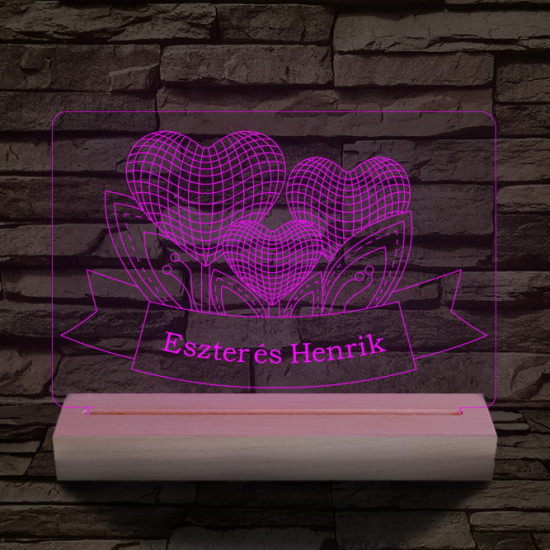 Szív szerelem személyre szabott 20 cm fa talppal 7 színű 3D led lámpa