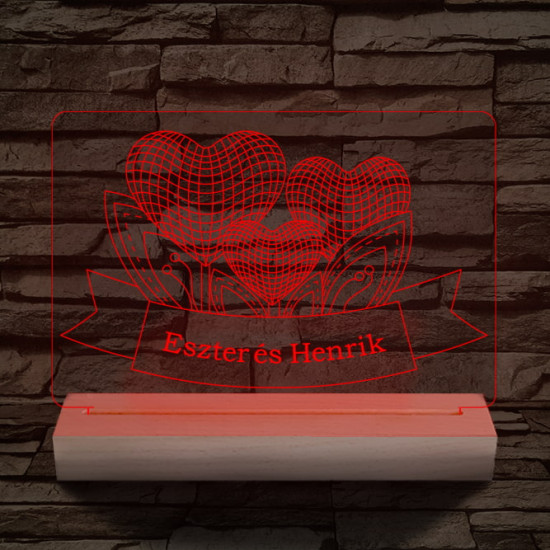 Szív szerelem személyre szabott 20 cm fa talppal 7 színű 3D led lámpa