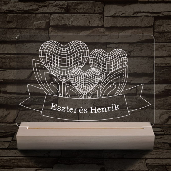 Szív szerelem személyre szabott 20 cm fa talppal 7 színű 3D led lámpa