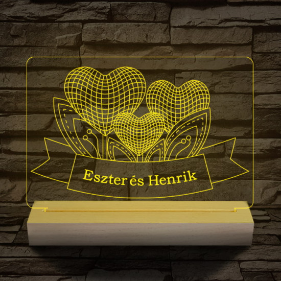Szív szerelem személyre szabott 20 cm fa talppal 7 színű 3D led lámpa