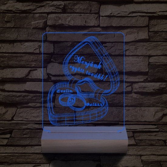 Jegygyűrű doboz személyre szabott 20 cm fa talppal 7 színű 3D led lámpa