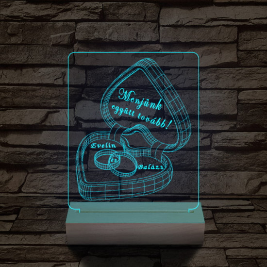 Jegygyűrű doboz személyre szabott 20 cm fa talppal 7 színű 3D led lámpa