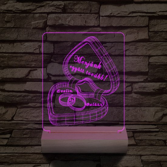 Jegygyűrű doboz személyre szabott 20 cm fa talppal 7 színű 3D led lámpa