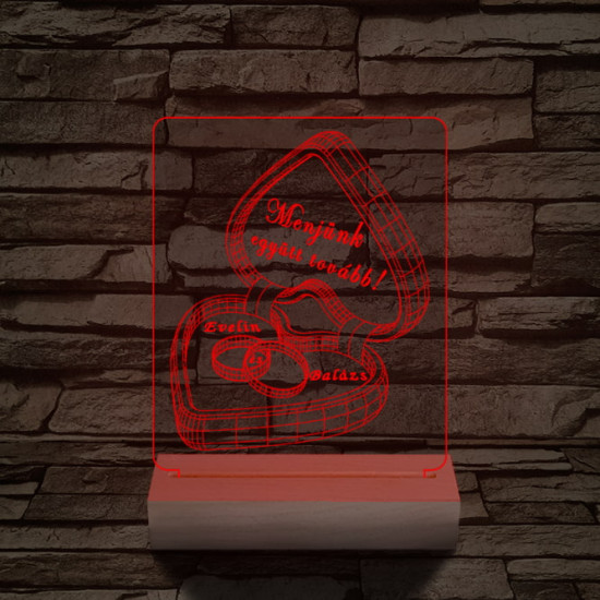 Jegygyűrű doboz személyre szabott 20 cm fa talppal 7 színű 3D led lámpa