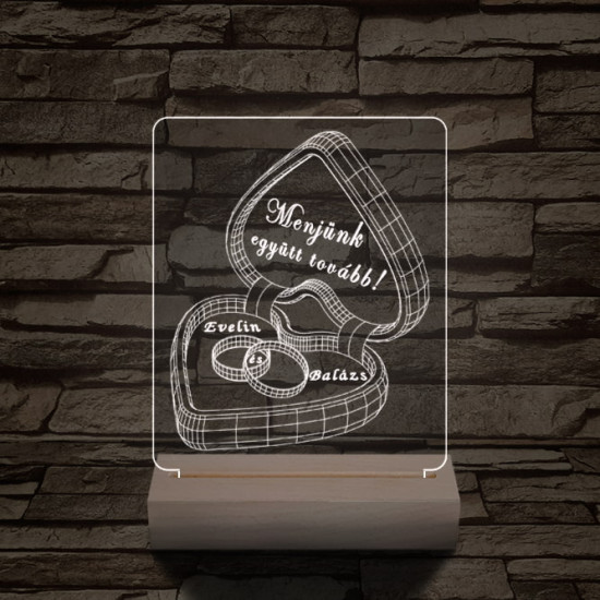 Jegygyűrű doboz személyre szabott 20 cm fa talppal 7 színű 3D led lámpa