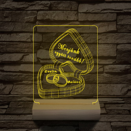 Jegygyűrű doboz személyre szabott 20 cm fa talppal 7 színű 3D led lámpa