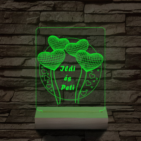 Szív lufi személyre szabott 20 cm fa talppal 7 színű 3D led lámpa