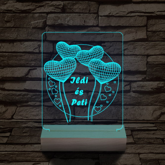 Szív lufi személyre szabott 20 cm fa talppal 7 színű 3D led lámpa