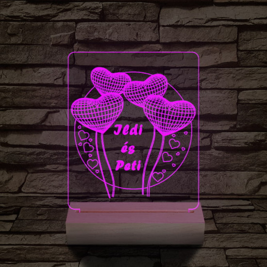 Szív lufi személyre szabott 20 cm fa talppal 7 színű 3D led lámpa