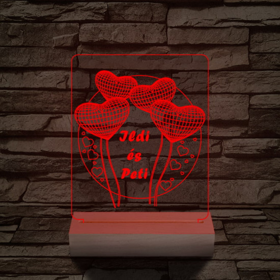 Szív lufi személyre szabott 20 cm fa talppal 7 színű 3D led lámpa
