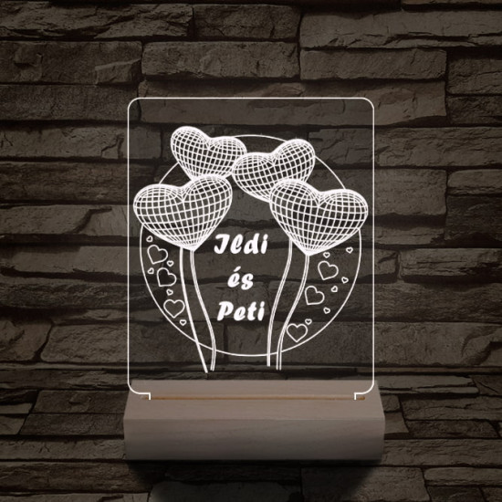 Szív lufi személyre szabott 20 cm fa talppal 7 színű 3D led lámpa