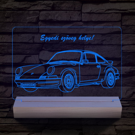 Porsche egyedi rendszámmal személyre szabott 20 cm fa talppal 7 színű 3D led lámpa