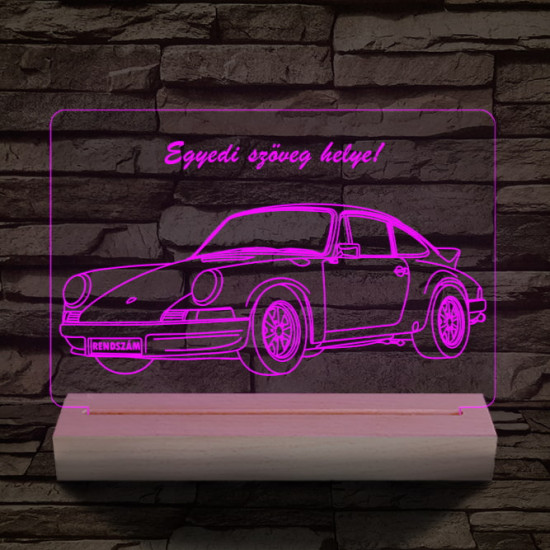 Porsche egyedi rendszámmal személyre szabott 20 cm fa talppal 7 színű 3D led lámpa