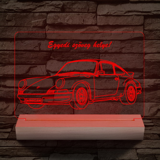 Porsche egyedi rendszámmal személyre szabott 20 cm fa talppal 7 színű 3D led lámpa