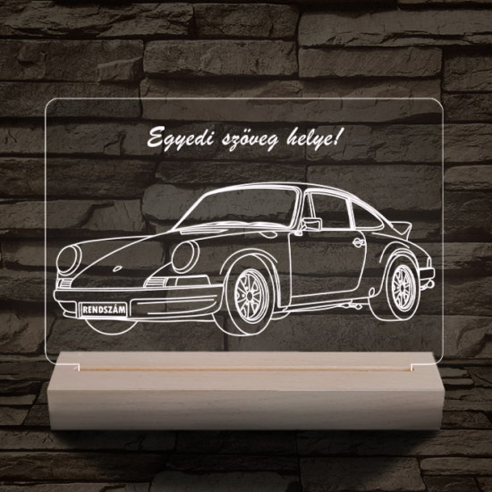 Porsche egyedi rendszámmal személyre szabott 20 cm fa talppal 7 színű 3D led lámpa