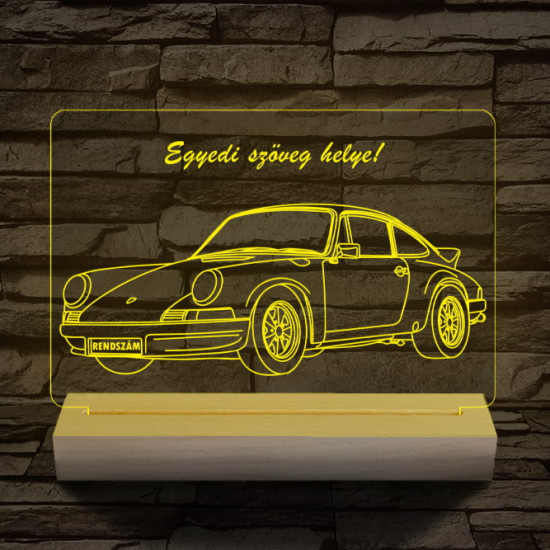 Porsche egyedi rendszámmal személyre szabott 20 cm fa talppal 7 színű 3D led lámpa