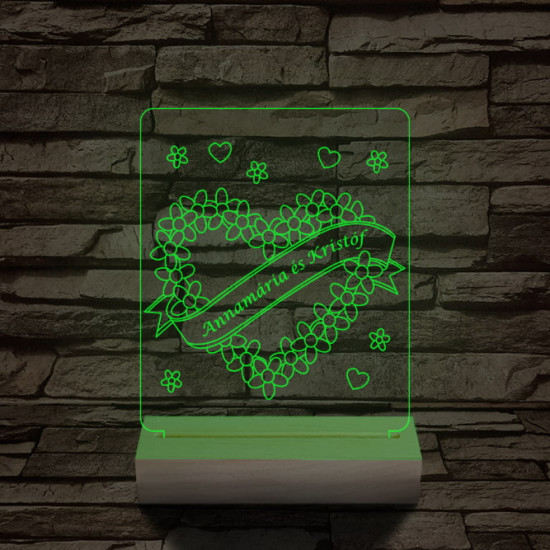 Szalagos szív személyre szabott 20 cm fa talppal 7 színű 3D led lámpa