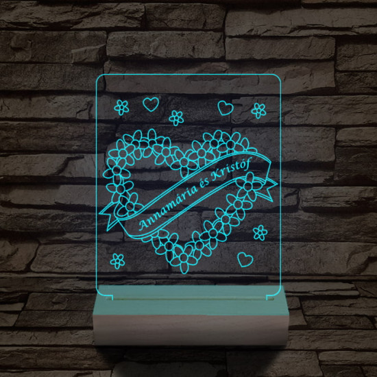Szalagos szív személyre szabott 20 cm fa talppal 7 színű 3D led lámpa