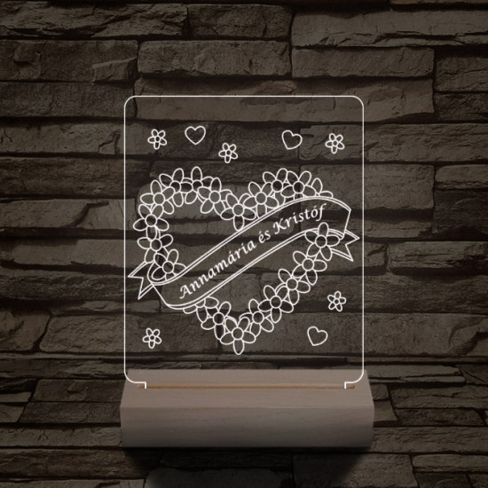 Szalagos szív személyre szabott 20 cm fa talppal 7 színű 3D led lámpa