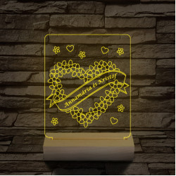 Szalagos szív személyre szabott 20 cm fa talppal 7 színű 3D led lámpa