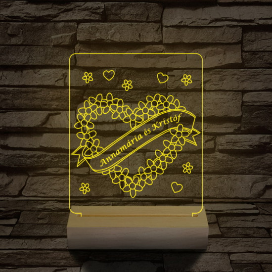 Szalagos szív személyre szabott 20 cm fa talppal 7 színű 3D led lámpa