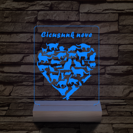 Cica szív személyre szabott 20 cm fa talppal 7 színű 3D led lámpa