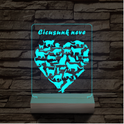 Cica szív személyre szabott 20 cm fa talppal 7 színű 3D led lámpa