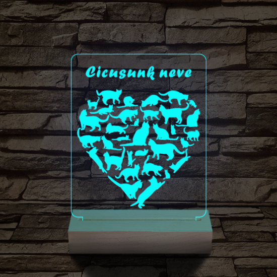 Cica szív személyre szabott 20 cm fa talppal 7 színű 3D led lámpa